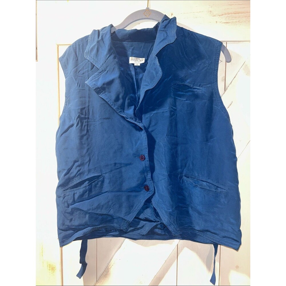 Royal Silk Blue 100% Silk Vest Large Buttondown Collared Tie Back Vintage